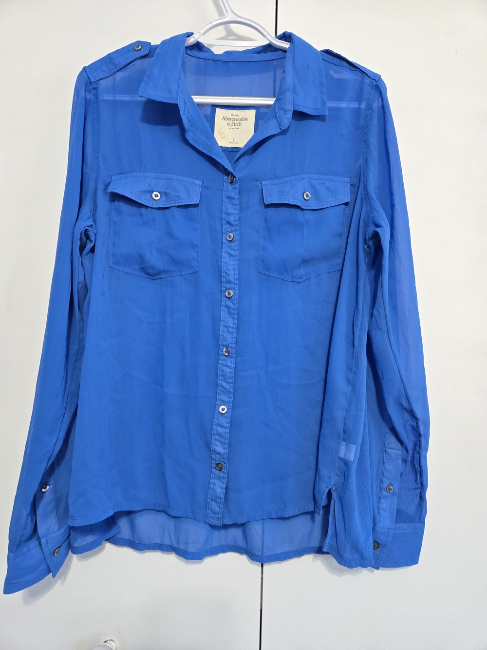 Abercrombie & Fitch Sheer Blouse L Cobalt Blue Button Down Utility Shirt